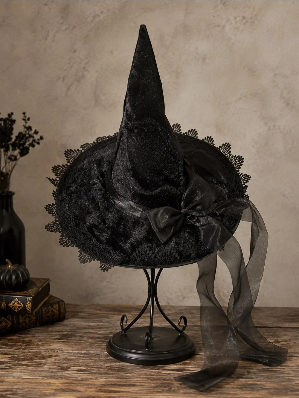 Brand New Black Velvet Witch Hat Lace Bow Wide Brim Halloween Costume